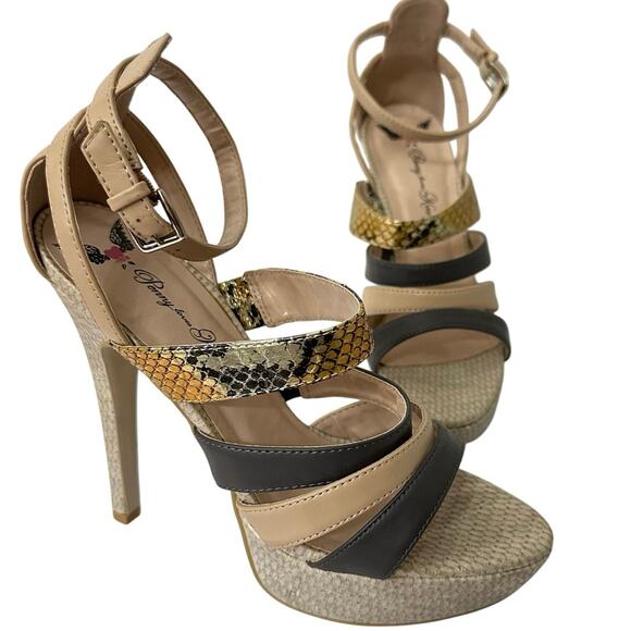 Penny Loves Kenny Womens 8.5M Stiletto heels Sandals Black Tan Ankle Strappy - Picture 1 of 12